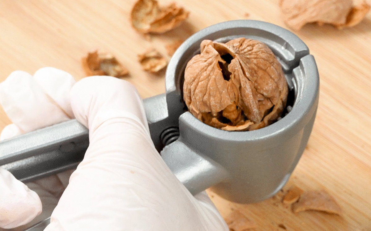 호두깎이로 생호두 까기 장갑 낀 손이 호두깎이에 통호두를 넣고 압력을 주며 생호두를 까는 과정을 보여주는 GIF로, 피호두로 갈라지는 모습이 단계적으로 표현된 장면