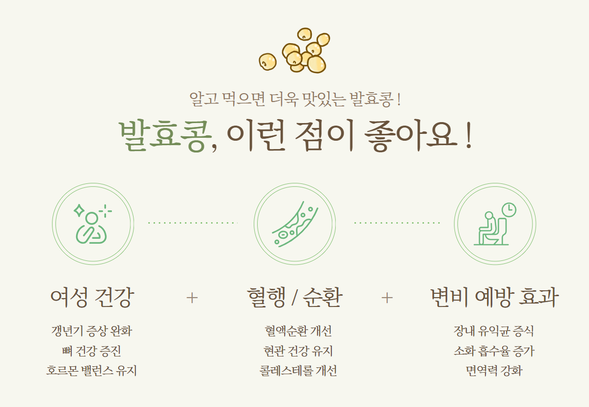 발효콩의 건강 효능 안내 이미지, 여성 건강, 혈행 개선 등의 효과 설명