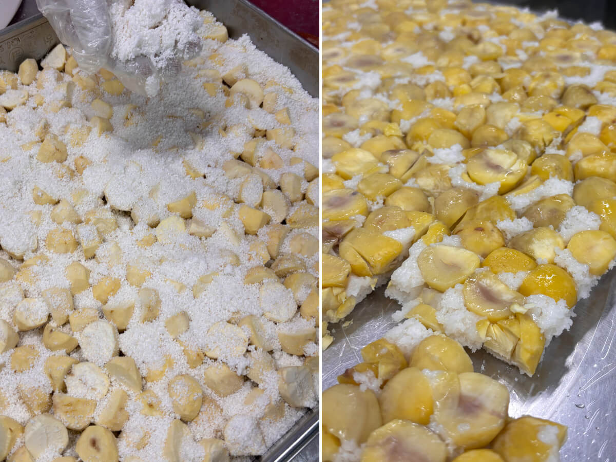 국산밤 설기떡 제조공정 트레이 위에 다진 알밤과 쌀가루를 층층이 올리고 찐 뒤 네모로 썰어내는 현장 모습 전후 비교