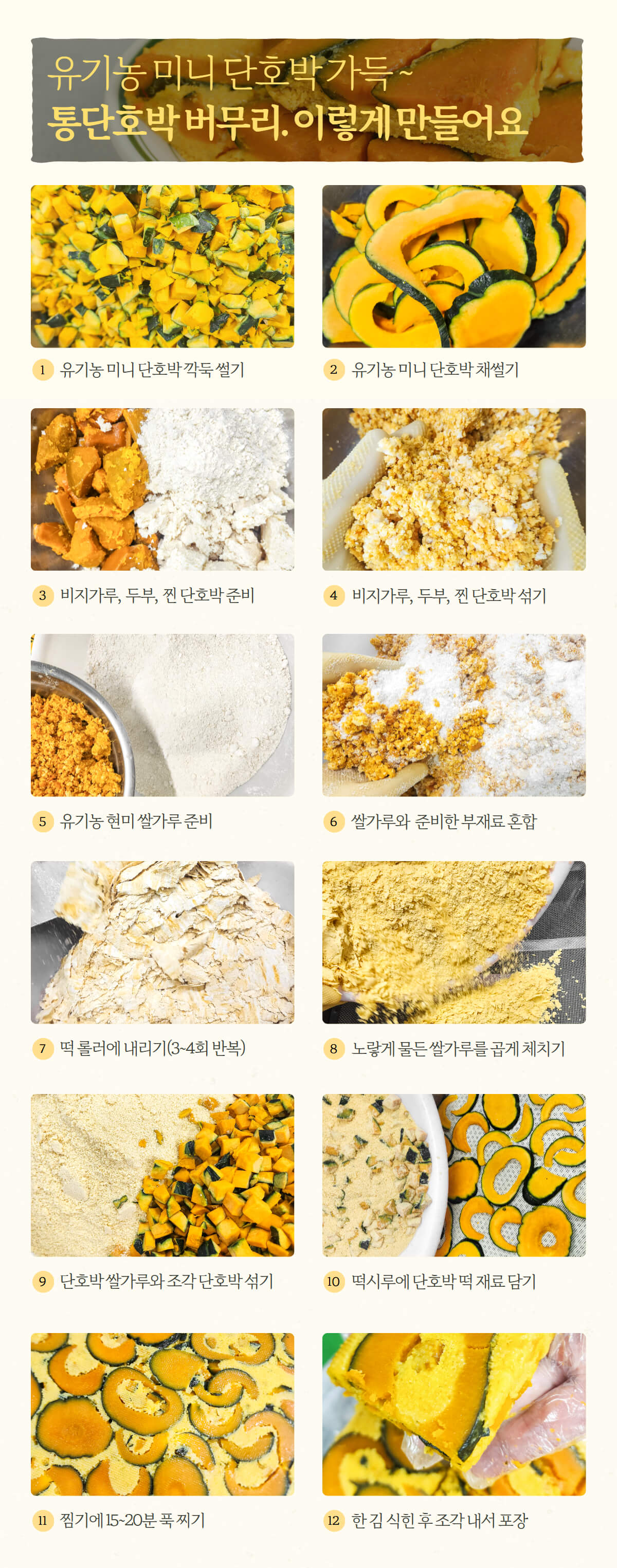 싸리재 호박설기의 제조 과정을 12단계로 보여주는 안내 이미지로, 유기농 단호박 손질부터 두부와 비지가루 혼합, 떡시루에 담아 찌는 과정을 단계별로 정리했다. 국산 재료로 직접 만드는 현미떡의 건강한 이미지가 강조된다.