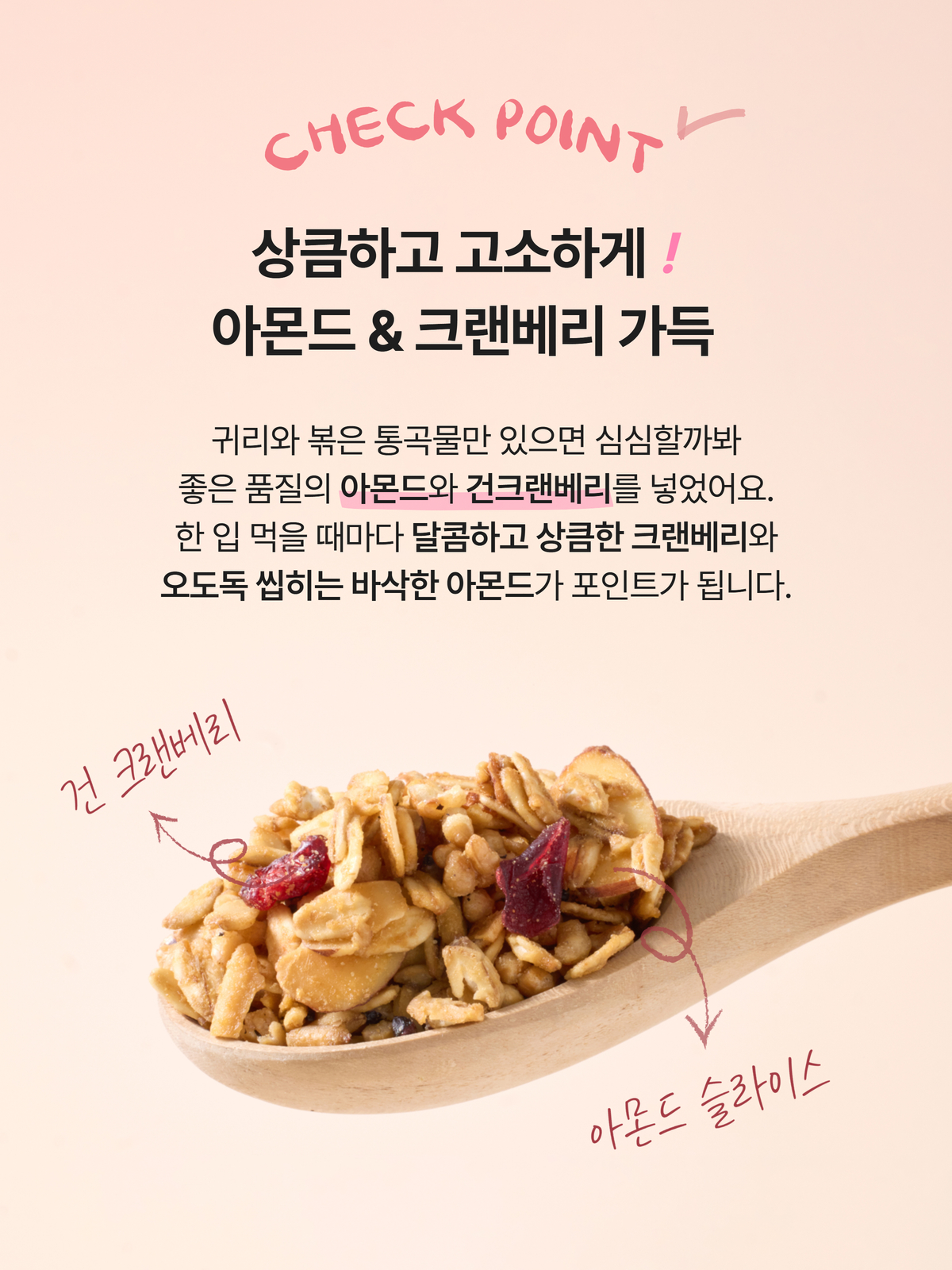 스푼 위의 볶은 통곡물시리얼과 오도독 씹히는 고소한 아몬드 슬라이스, 상큼한 건크랜베리 조화