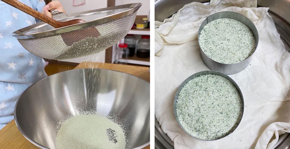 쑥설기 만드는 과정을 보여주고 있는데 첫번째 사진은 쑥설기용 쌀가루를 체에 내려주고 있다. 두번째 사진은 찜기에 면포를 깔고 시루를 올려놓은 모습이다. 