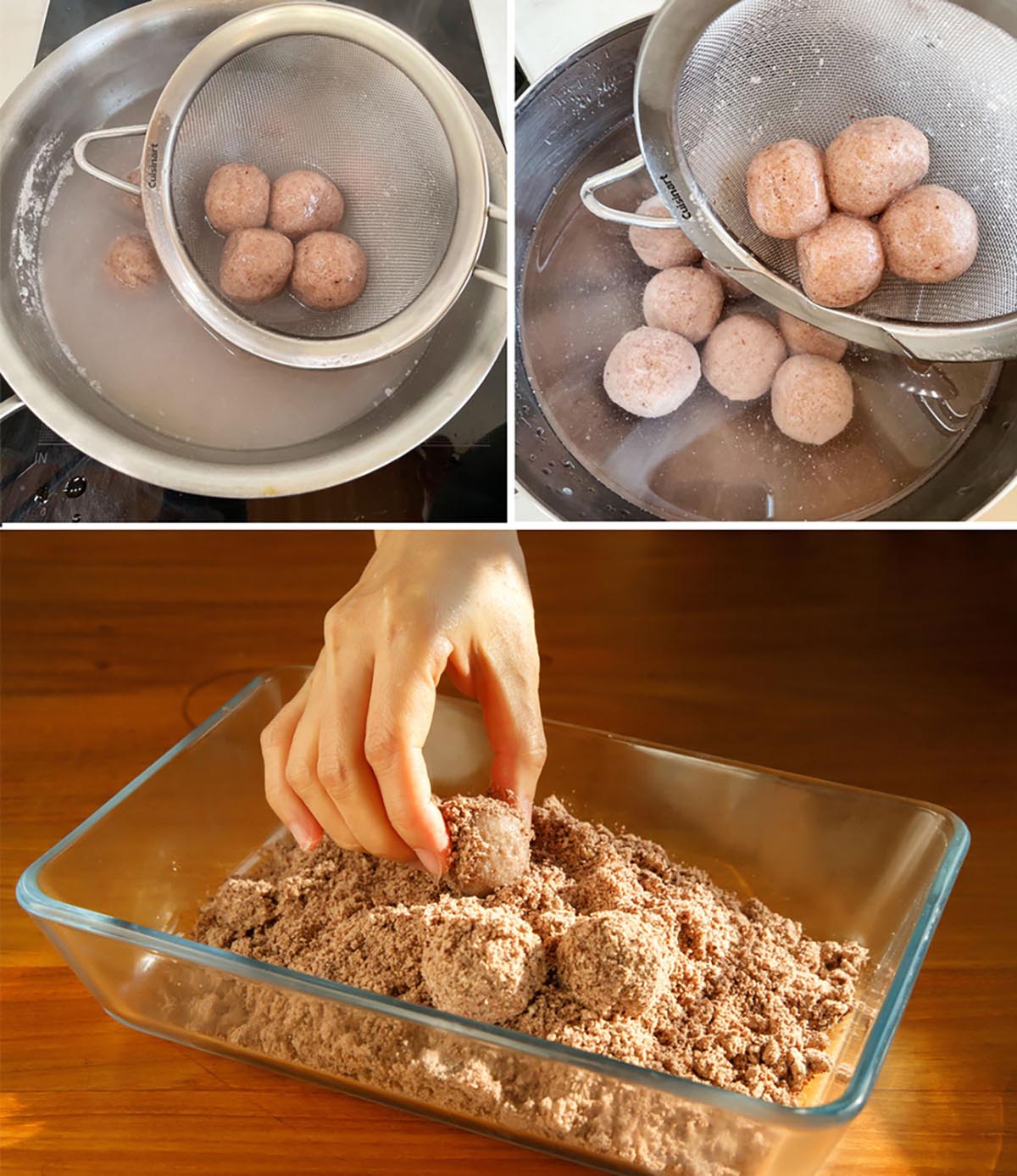 끓는 물에 수수알고 넣고 채반으로 건진다. 찬물에 담아 수수알을 다시 채반으로 건져 팥고물을 묻히는 모습이 있다.
