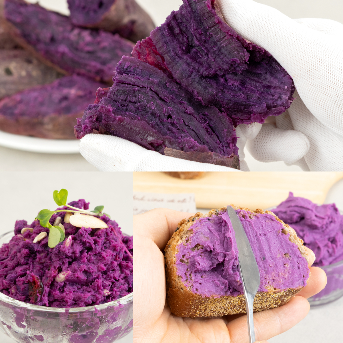 오븐에 구워 부드럽게 익은 진보라색 고구마와 보랏빛 고구마 음료가 함께 담긴 접시로, 천연 안토시아닌 색감이 선명하게 표현된 건강 간식 구성