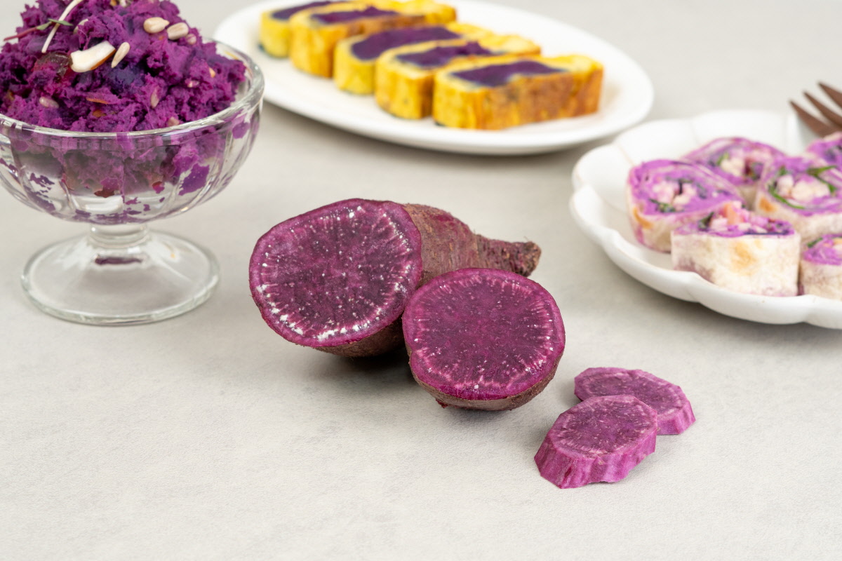 바삭한 곡물 그래놀라와 노란 고구마크림, 방울토마토가 어우러진 건강한 식사 볼로, 자연식 간식의 균형 잡힌 조화를 담은 장면