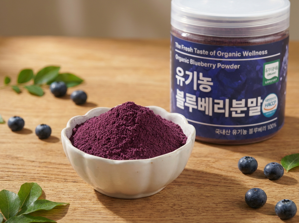 넓은 케일 잎을 배경으로 한 포장된 유기농 케일 분말 지퍼백 제품