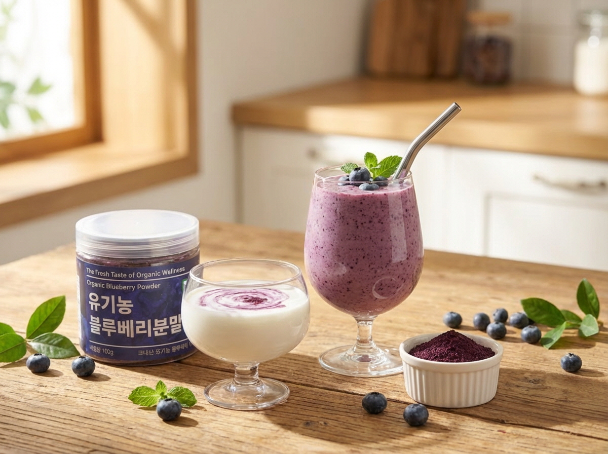 유기농 케일 분말과 요거트, 그래놀라를 함께 곁들인 건강 디저트