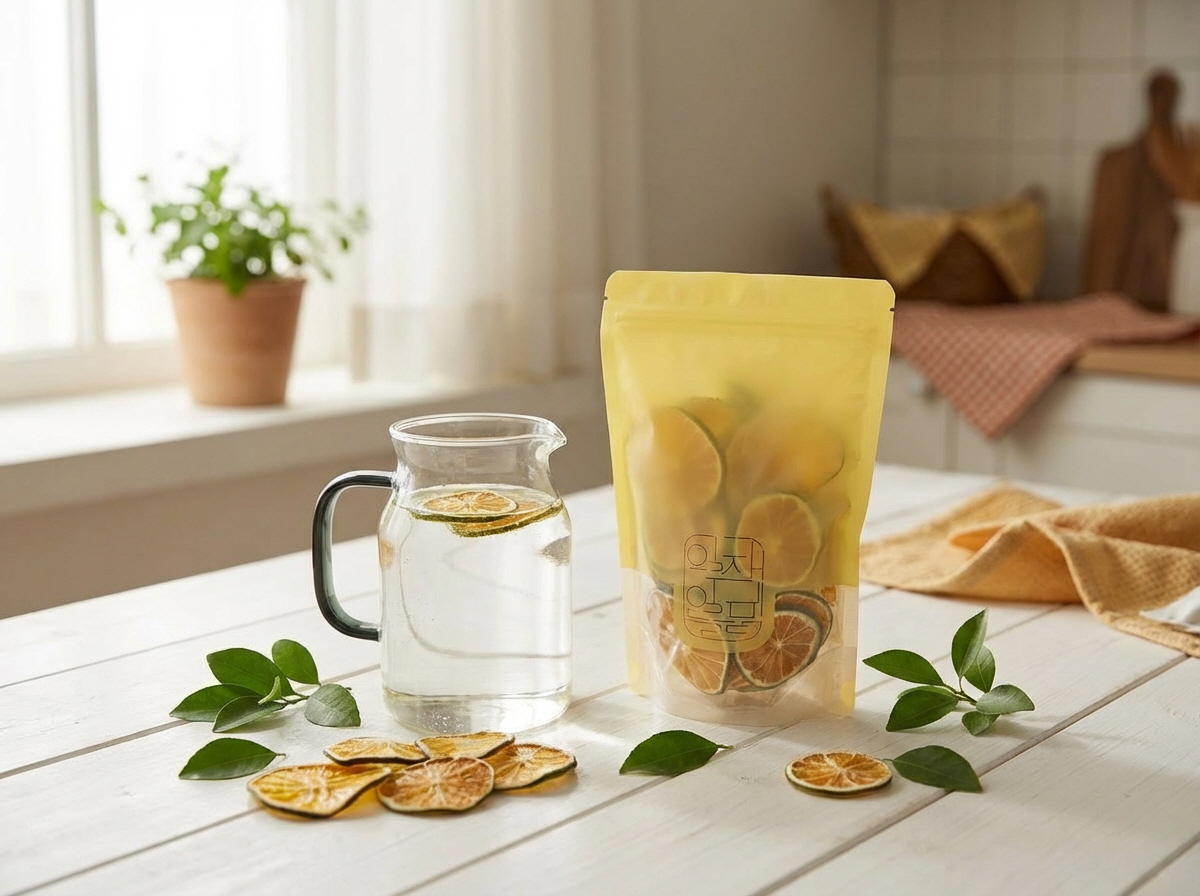 건조과일 차재료로 쓰기 좋은 얇은 과일칩이 노란 스탠드 지퍼 파우치에 담겨 있고 옆 유리 주전자에는 과일칩 한 조각이 물 위에 떠 있으며 흰 나무 테이블 위에 과일칩 조각과 초록 잎 장식이 햇살 드는 실내 배경과 함께 놓여 있음