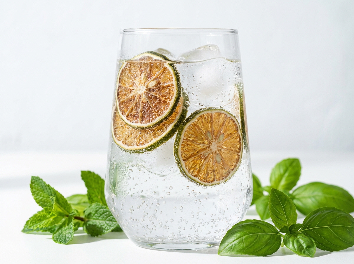 홈카페 과일칩을 넣어 만든 탄산 음료 잔에 얼음이 가득하고 과일칩 두 장이 잔 안쪽에 보이며 잔 벽면에 기포가 맺혀 있고 옆에는 초록 허브 잎이 함께 놓인 깔끔한 흰 배경 연출