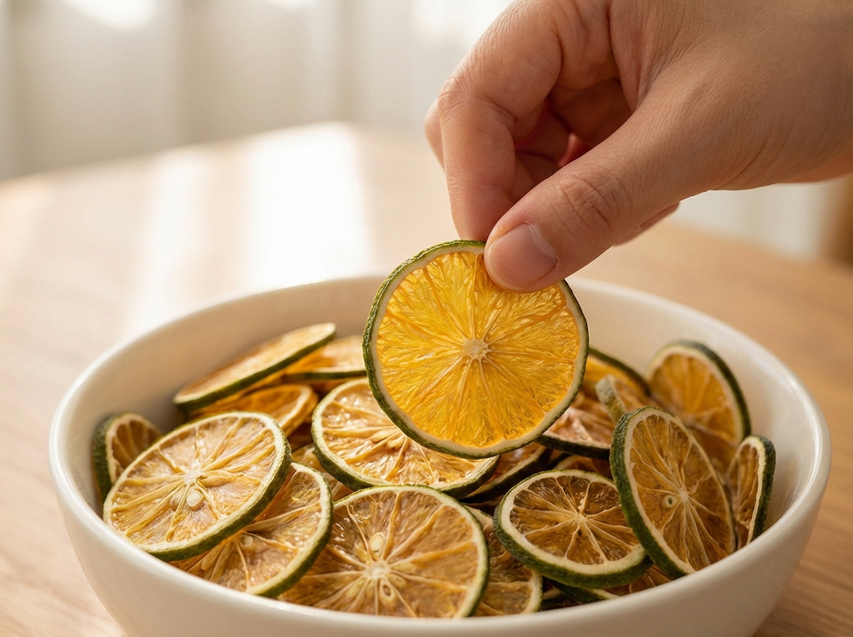 건조과일 과일칩 한 장을 손으로 집어 들어 그릇에 담긴 여러 장의 과일칩 위로 들어 올린 모습이며 얇게 말린 과육 결이 비치고 따뜻한 채광이 비추는 간식 장면