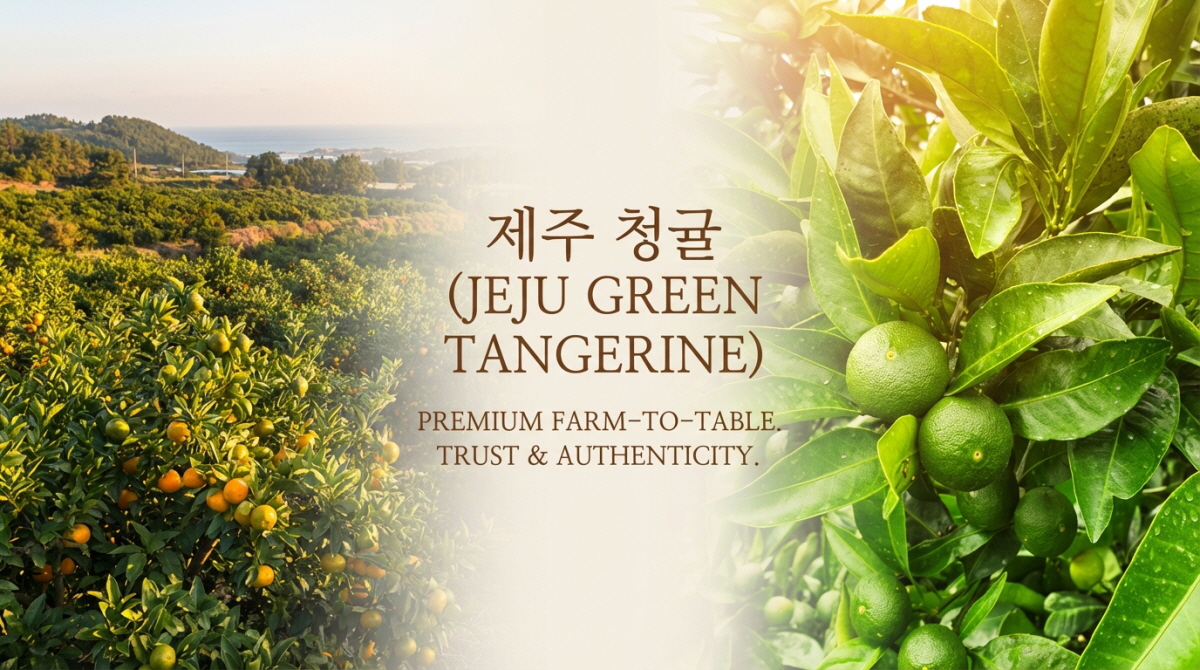 홈카페 과일칩 분위기의 배너로 왼쪽에는 감귤 과원이 넓게 펼쳐지고 오른쪽에는 초록 잎 사이로 청귤이 달린 가지가 크게 보이며 중앙에는 제주 청귤 JEJU GREEN TANGERINE 문구와 PREMIUM FARM TO TABLE TRUST and AUTHENTICITY 텍스트가 배치됨