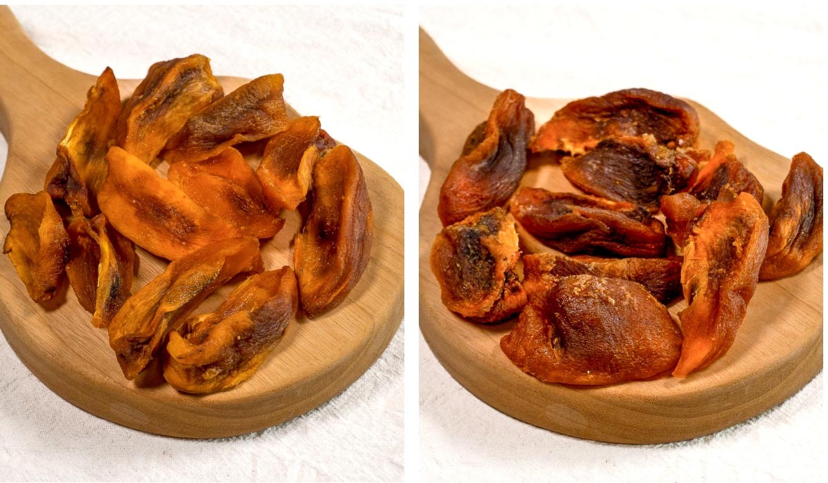 국산 감으로 만든 감말랭이의 폴리페놀 산화효소로 인해 감말랭이가 점점 변색이 되는 모습