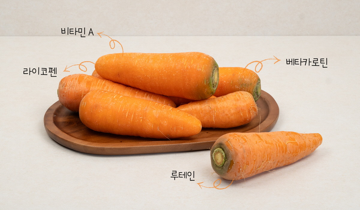 나무 접시에 놓인 국산 당근. 라이코펜, 루테인, 베타카로틴, 비타민 A가 함유된 영양 가득한 재료.