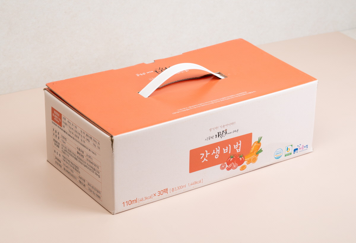 갓생비법 과채주스의 30팩 세트 박스. 110ml x 30팩(총 3,300ml)로 구성되어 휴대와 보관이 편리한 상자.