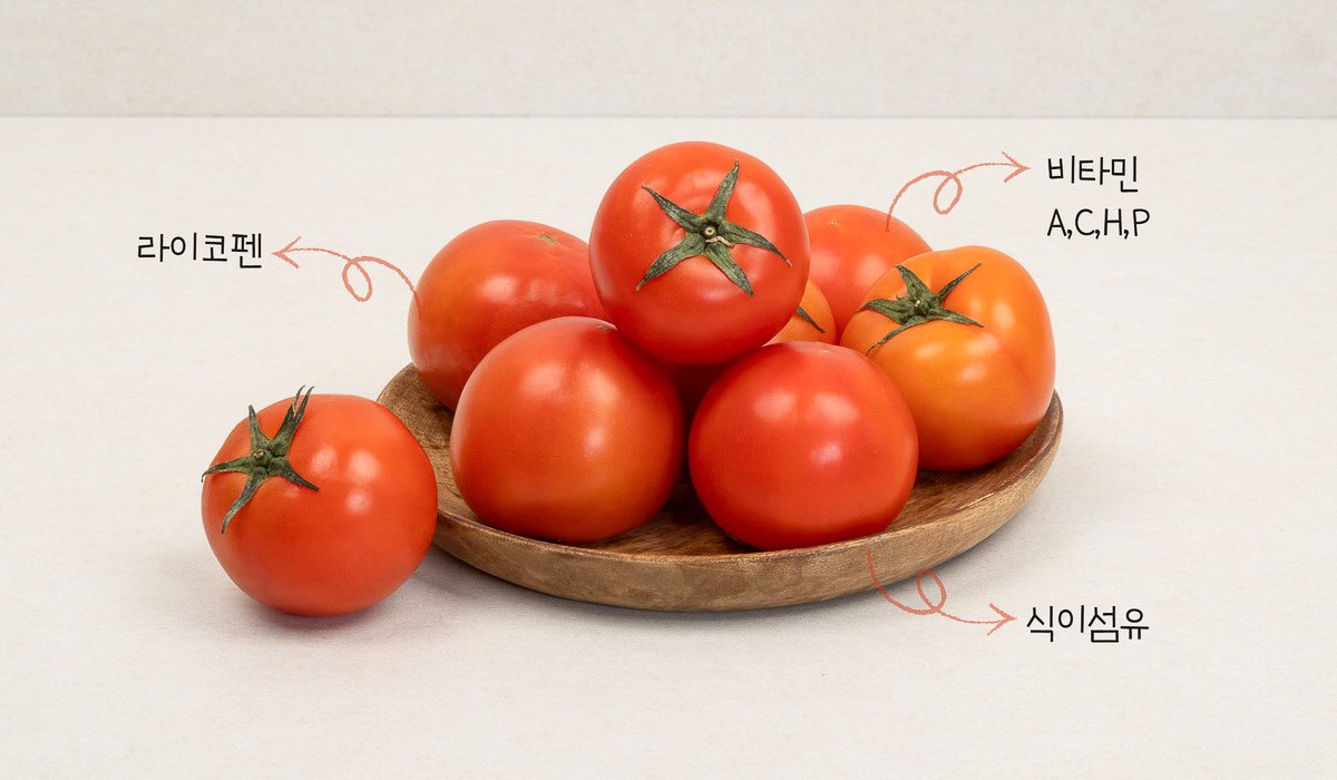 나무 접시에 담긴 신선한 국산 토마토. 라이코펜, 비타민 A, C, P, 식이섬유가 풍부한 건강한 재료.