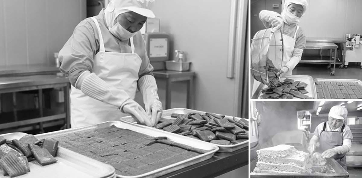 haccp 인증을 받은 싸리재 떡 공장 내부에서 떡을 생산하는 모습이다.
